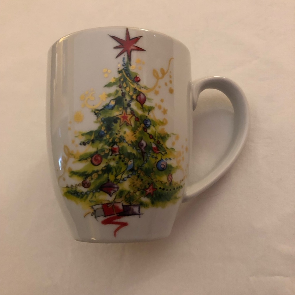 Pottery Barn Festive Christmas Tree Mug Porcelain Hot Cocoa Spiced Cider Nutmeg